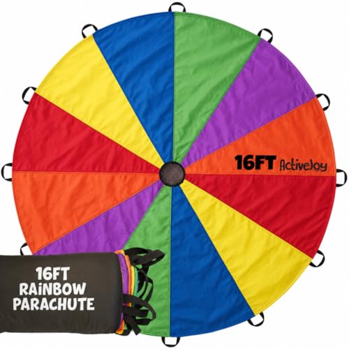 Activejoy - Parachute for Kids - 8ft /12ft / 16ft / 20ft / 24 ft / 30ft - Rainbow Parachute Toy with Handles - Great for Gym Class, Field Day & Outdoor Games - size: 16FT - 18 HANDLES