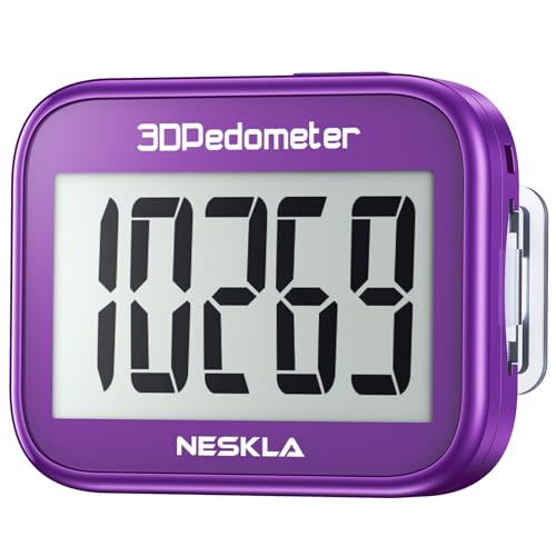 NESKLA 3D Pedometer, Simple Step Counter with Large LCD Display for Walking - color: Purple