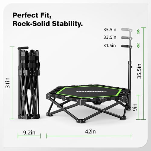 EAST MOUNT 42" Foldable Mini Trampoline for Adults, Quiet Fitness Rebounder with Adjustable Handle, No-Assembly Indoor Exercise Trampoline, 450LBS Capacity - color: Green