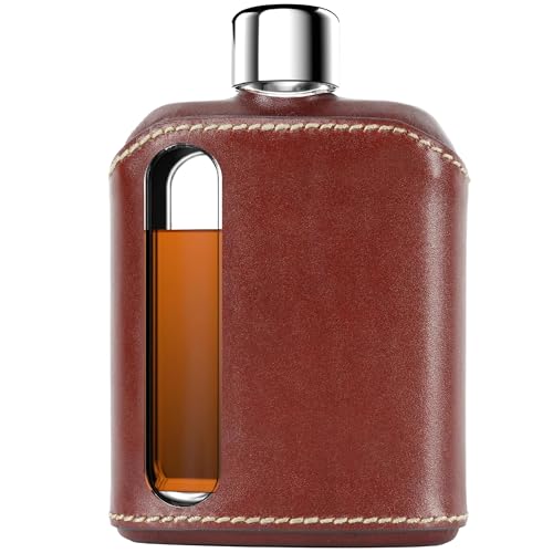 Ragproper Leather Glass Hip Flask for Men & Women – Durable Whiskey & Liquor Flask, Premium Authentic Leather Cover, Ideal Glass Flask – Double Shot 8oz (240ml), Dark Brown - color: Leather Dark Brown, size: Bag Flask 8 oz
