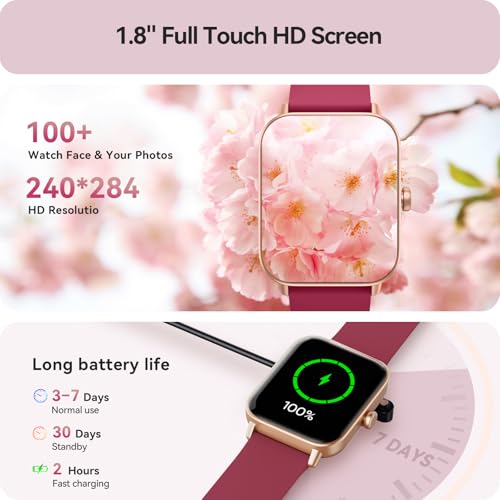 Gydom Smart Watch for Women Android & iPhone, Alexa Built-in, 1.8" Smartwatch with Heart Rate/SpO2/Sleep Monitor, IP68 Waterproof Activity Fitness Tracker, 101+ Sports Mode, Red - color: Wine Red