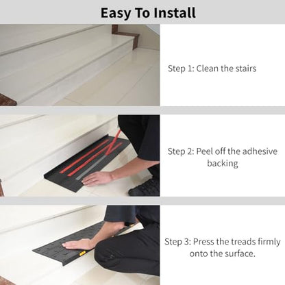 Heavy-Duty Slip-Resistant Stair Treads with Reflective Safety Strips - Universal Fit Rubber Mats for Indoor/Outdoor Stairs, Noise Reduction & Fall Prevention (5)
