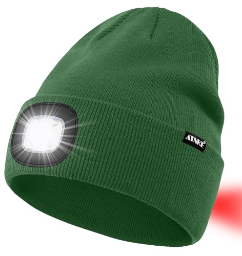 ATNKE LED Lighted Beanie Hat,USB Rechargeable 8 LED Red Glow Flashing Alarm Running Headlamp Cap Gifts for Men and Women - color: #Green