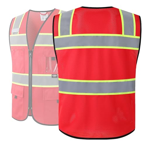 JKSafety Safety Vest for Men Women Hi Vis Relfective Vest with Pockets High Visibility Meet ANSI Standard - color: 331-red, size: Medium