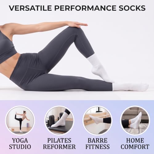Women Pilates Grip Crew Socks-Cotton Non Slip Yoga Calf Socks for Women - color: 3white2black