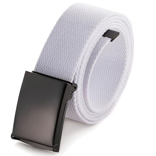 Mile High Life Cut To Fit Canvas Web Belt Size Up to 52" with Flip-Top Solid Black Military Buckle - color: 1 Pack Natural