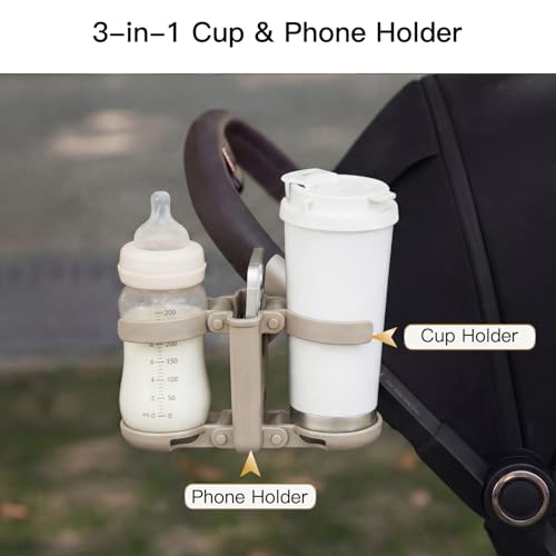 Gromast 3 in 1 Foldable Stroller Cup Holder with Phone Holder, 360° Rotatable Bottle Holder, Universal Cup Holder for Baby Stroller, Tricycle - Khaki - color: Khaki-3-in-1
