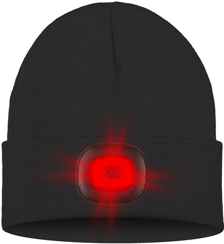 ATNKE LED Lighted Beanie Hat,USB Rechargeable 8 LED Red Glow Flashing Alarm Running Headlamp Cap Gifts for Men and Women - color: #Black