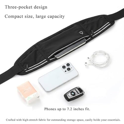 Running Belt with Resistance Band Bundle - Slim Water-Resistant Waist Pack for Women & Men, No-Bounce Adjustable Phone Holder Fits iPhone 15 Pro Max, Glute Activation Loop for Yoga & Fitness - color: Black