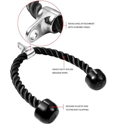 Tricep Rope Cable Attachment for Gym, 27 & 36 Inch, Non-Slip Grip - color: Black-31.5''
