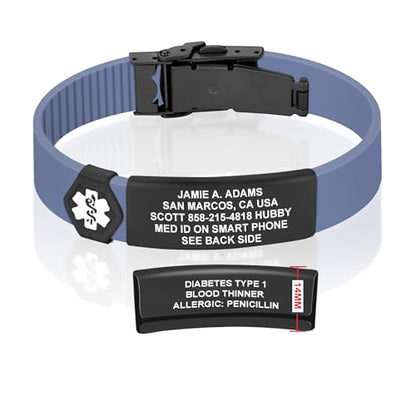 Divoti Custom Dual-Sided Engraved Silicone Medical Alert ID Wristband w/Security Clasp & Trim-to-Fit Band - Style - color: Carmella Blue / PVD Black / White, size: Band Width - 13mm