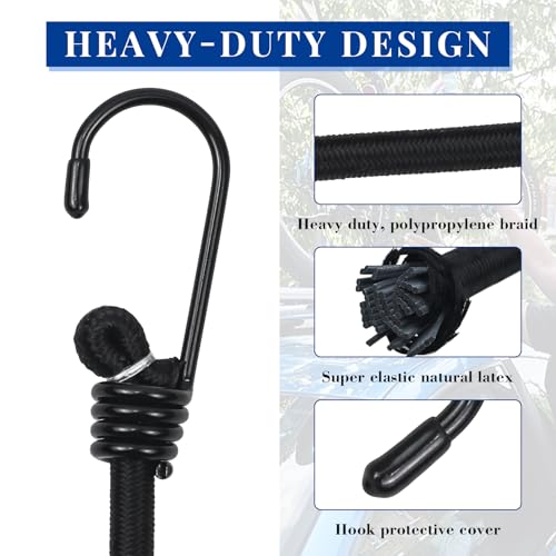 5Pcs 24Inch Bungee Cords with Hooks, Heavy-Duty Weatherproof Outdoor Elastic Straps for Luggage, Camping, Tarps, Bike Racks, Tents or Garden Tidying - size: 24inch×5pcs, Black