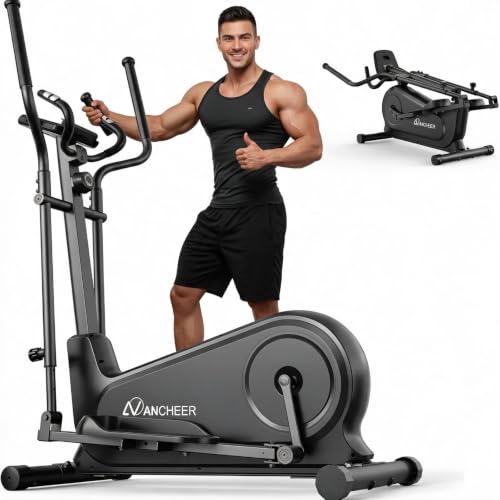 ANCHEER Elliptical Exercise Machine for Home, Foldable Magnetic Elliptical Trainer with 16" Stride, 16 Resistance Levels, Adjustable Pedals, LCD Monitor & Pulse Sensor, 550 LBS Weight Capacity - color: Black