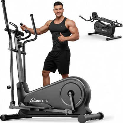 ANCHEER Elliptical Exercise Machine for Home, Foldable Magnetic Elliptical Trainer with 16" Stride, 16 Resistance Levels, Adjustable Pedals, LCD Monitor & Pulse Sensor, 550 LBS Weight Capacity - color: Black