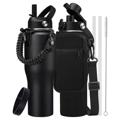 32 oz Insulated Water Bottle Fits Car Cup Holder with Straw Lid & Auto Lid - color: Onyx Black, size: 32 Ounces