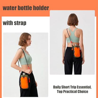 Water Bottle Holder with Strap - Crossbody Bottle Carrier Bag with Phone Pocket, Fits 32 oz Flasks for Men & Women - color: Orange