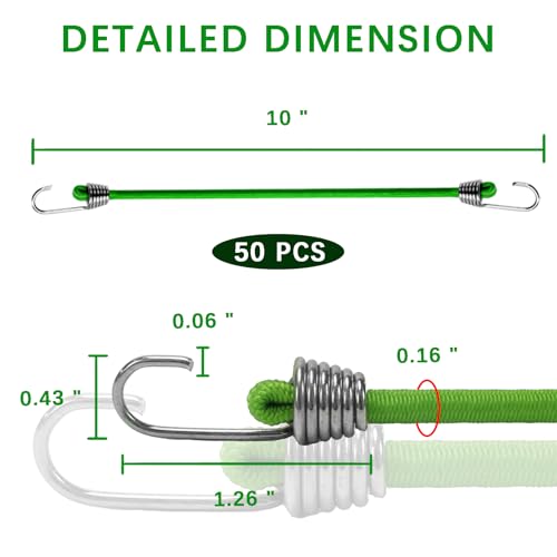 50 Pack Small Bungee Cords with Hooks, 10" Elastic Straps for Outdoor Camping, Tents, Tarps, Bikes, RV, Luggage Roof Racks, Cargo, Green - size: 50pcs-10"