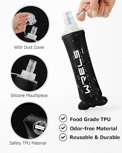 WRELS TPU Soft Flask Lightweight Portable Reusable Water Bottle,BPA Free Collapsible Flask for Hydration Pack in Running Hiking Cycling and Marathon - color: 500ml/16.9oz-2 Pack-Black