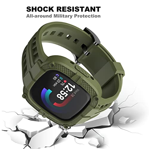 Compatible for Fitbit Versa 4/ Fitbit Sense 2 Bands Men, Rugged Protective Case with TPU Sport Band Smartwatch Wristband Army Green - color: Army Green