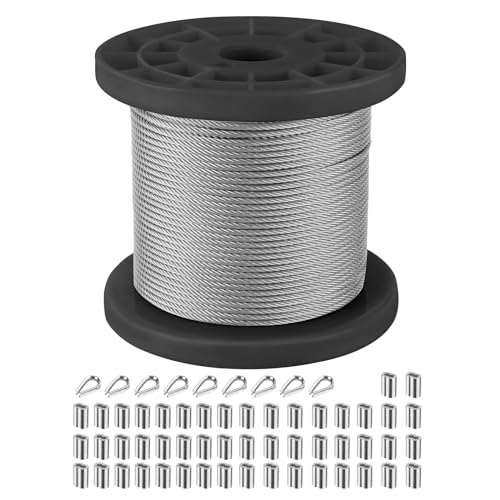 1/16 Wire Rope, 304 Stainless Steel Cable, Aircraft Cable, 328FT,Steel Wire, with Loop Sleeve and Steel Thimbles, Clothes Line Wires, Trellis Wire, 7x7 368lbs Breaking Strength（Black axis） - size: 1/16"x328FT