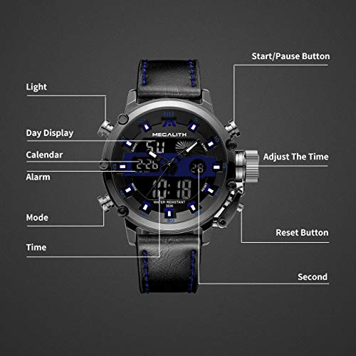 MEGALITH Mens Watches Waterproof Digital Military Sport Tactical Multifunction Heavy Duty Led Rugged Watch for Men, Alarm Stopwatch, Nylon/Leather Strap - color: 6-Black Blue