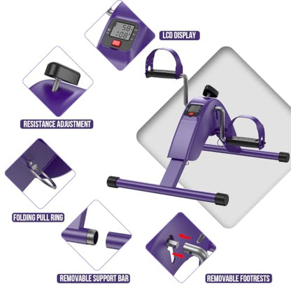Under Desk Bike Pedal Exerciser for Arms and Legs, Foldable Mini Exercise Bike with LCD Display and Adjustable Resistance for Home and Office - color: Purple