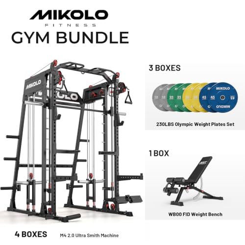 Mikolo M4 2.0 Smith Machine, 2200lbs Squat Rack with LAT-Pull Down System & Cable Crossover Machine, Training Equipment with Leg Hold-Down Attachment - color: Black, size: M4 2.0 Ultra Package (with Color BP230lbs)