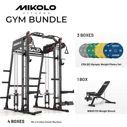 Mikolo M4 2.0 Smith Machine, 2200lbs Squat Rack with LAT-Pull Down System & Cable Crossover Machine, Training Equipment with Leg Hold-Down Attachment - color: Black, size: M4 2.0 Ultra Package (with Color BP230lbs)