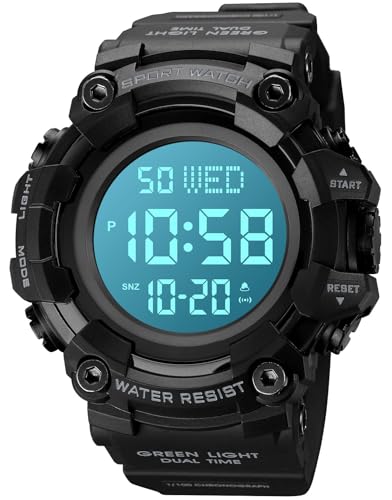XCZAP Men's Black Digital Sports Watch, Large Face Military Tactical Watch, 5ATM Water Resistant, LED Backlight, Alarm, Stopwatch,Dual Time - color: Black-0