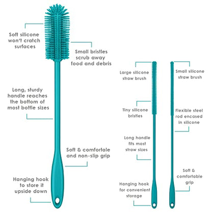 3-in-1 Silicone Bottle Brush with 2 Straw Cleaners, Turquoise