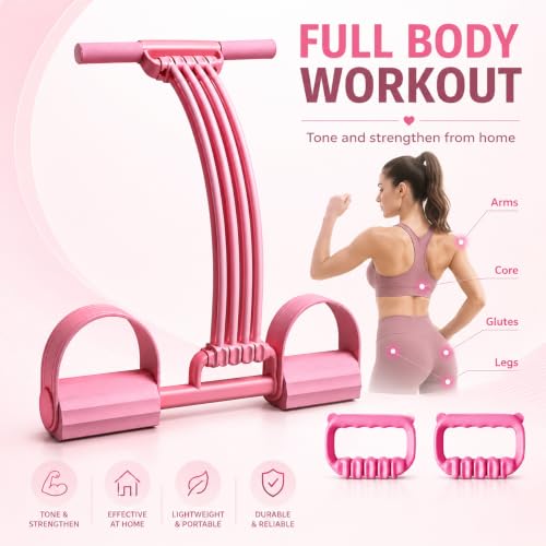 3-in-1 Pedal Resistance Band with Handles, Adjustable 8-Tube Foot Pedal Exerciser for Full Body Workout, Abs, Arms, Legs, Yoga, Stretching, Portable Fitness and Strength Training - color: PINK