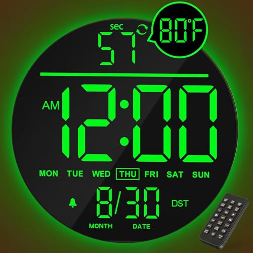 JALL 10" Large Digital Wall Clock with Remote, RGB, Big LED Display, Alarm Countdown Timer, DST, Temperature, Decor for Bedroom Living Room Gym Gaming Room, Classroom, Gift for Student Teacher, Green - color: Green, size: 10 inches
