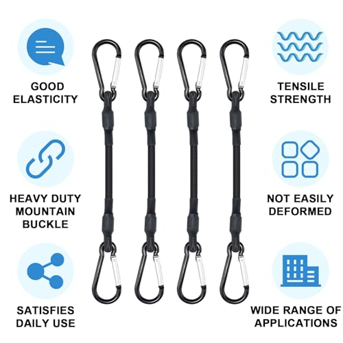 SDTC Tech 12IN Mini Short Bungee Cords with Carabiner Hooks Heavy Duty Elastic Tie Downs Straps for Tent, Bike, Kayak, Luggage (4-Pack Total Length 15 Inches) - size: 12INCH-4PCS