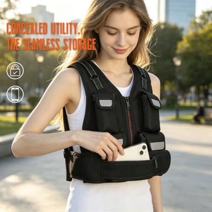 KRYLIX Adjustable Weighted Vest 0-18lbs Wide Range Adjustment Adjustable Shoulder Straps 12 Removable Iron Sand Bags Storage Pocket Reflective Strips for Running Walking Workout Training Washable for Women Woman