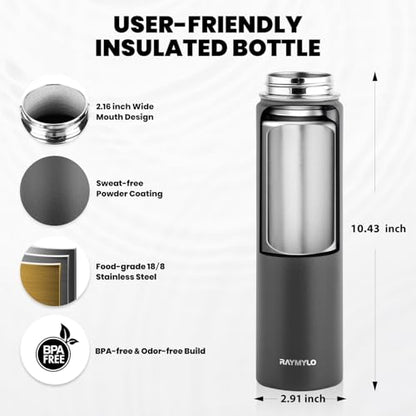 RAYMYLO Insulated Water Bottle 24 oz, Triple Wall Vacuum Stainless Steel - color: Dark Gray, size: 24 Ounces