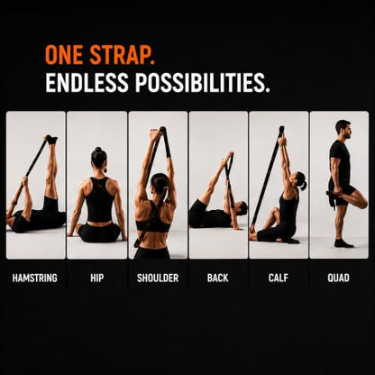12 Loop Stretching Strap – Non-Elastic Stretch Strap with Door Anchor & D-Rings for Hamstring, Legs, Yoga, Mobility & Flexibility Training