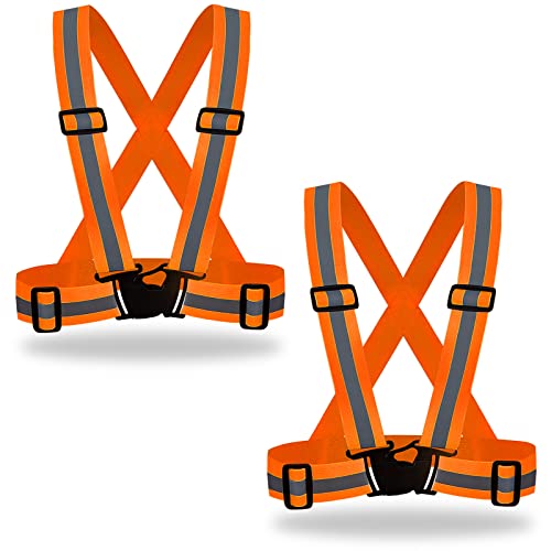 DUSKCOVE 2 Pack Hi Vis Safety Vests - Adjustable Bright Neon Color High Visibility Reflective Safety Straps Gear for Traffic Control, Running, Cycling - color: Orange