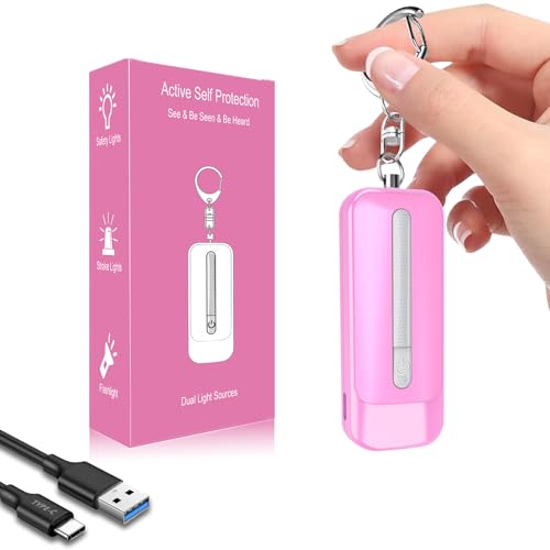 Personal Alarm for Women, Rechargeable with Safety Lights & Low Battery Notice, 130dB Siren with LED Flashlight Strobe Light for Emergency, Dual Light Sources Safety Keychain - color: pink