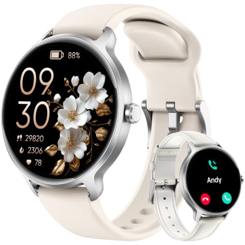 Smart Watch for Women, 1.27" AMOLED Screen Smartwatch with Answer/Make Call for iPhone/Android/Samsung, Fitness Tracker with 120+ Sport Modes, Heart Rate/Sleep/Health Monitor, IP68 Waterproof, 2 Bands - color: Cream