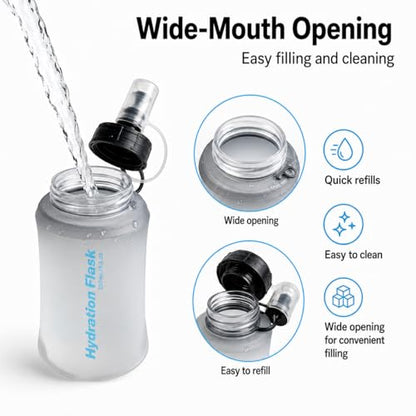Soft Flask Collapsible Water Bottle, BPA-Free TPU Folding Hydration Flask with Dust Cover for Trail Running, Hiking & Cycling (8.5, Fluid Ounces)