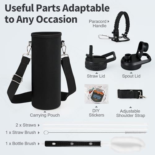 WixByti 24 oz Insulated Water Bottle with Straw, Stainless Steel Water Jug - color: Black, size: 24 Ounces