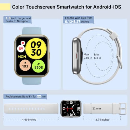 Quican Smart Watches for Men Women, Compatible with iPhone & Android - color: Sky Blue