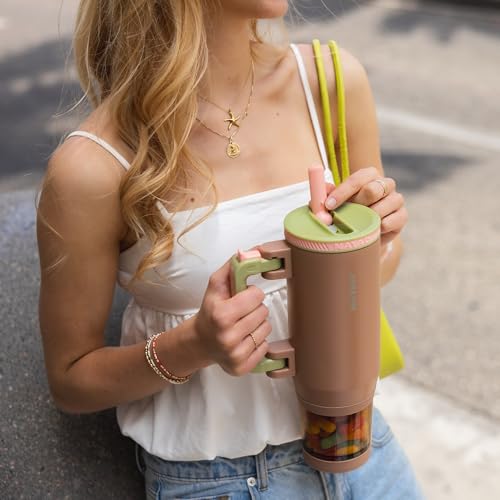 23oz Insulated Tumbler with Foldable Handle & 10oz Snack/Pill Container - color: Light brown