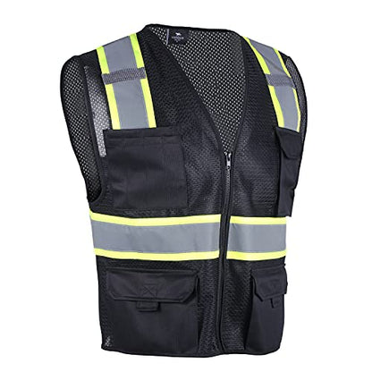 VENDACE Hi Vis Safety Reflective Mesh Vest for Men ANSI Class 2 High Visibility Vest with 8 Pockets and Zipper - color: Black, size: X-Small