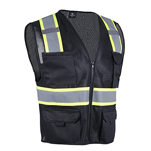 VENDACE Hi Vis Safety Reflective Mesh Vest for Men ANSI Class 2 High Visibility Vest with 8 Pockets and Zipper - color: Black, size: X-Large