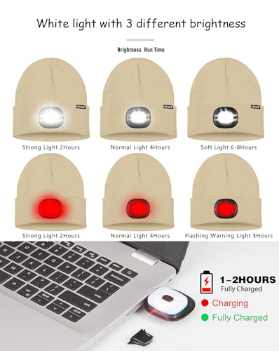 ATNKE LED Lighted Beanie Hat,USB Rechargeable 8 LED Red Glow Flashing Alarm Running Headlamp Cap Gifts for Men and Women - color: #Beige