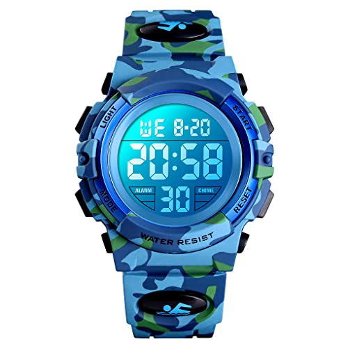 Dayllon Kids Digital Watch Boys Outdoor Sports 50M Waterproof Girls Watches Alarm Clock 12/24 H Stopwatch Calendar for Ages 3-15 Boy Girl Wristwatch Kids Gift - color: Camo Light Blue X( 8-15 Year Old)