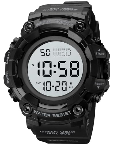 XCZAP Men's Black Digital Sports Watch, Large Face Military Tactical Watch, 5ATM Water Resistant, LED Backlight, Alarm, Stopwatch,Dual Time - color: Black-0