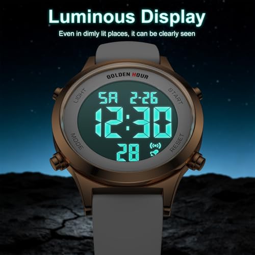 GOLDEN HOUR Waterproof Women's Digital Sports Watches with Silicone Strap, Alarm Calendar Stopwatch Chronograph 32mm Rose Gold Case - color: White/Rose Gold
