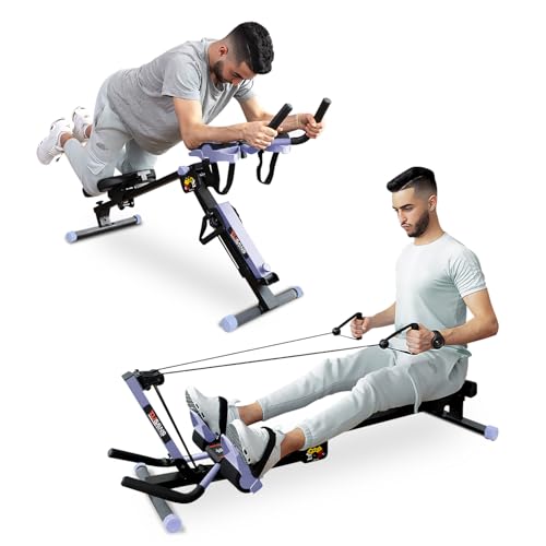 Tousains 3 in 1 Foldable Rowing Machine, AB Machine with 3 Level Angle & Led Monitor, Multi-Functional Rower Fitness Equipment Home Gym Full Body Fitness Machine - color: blue